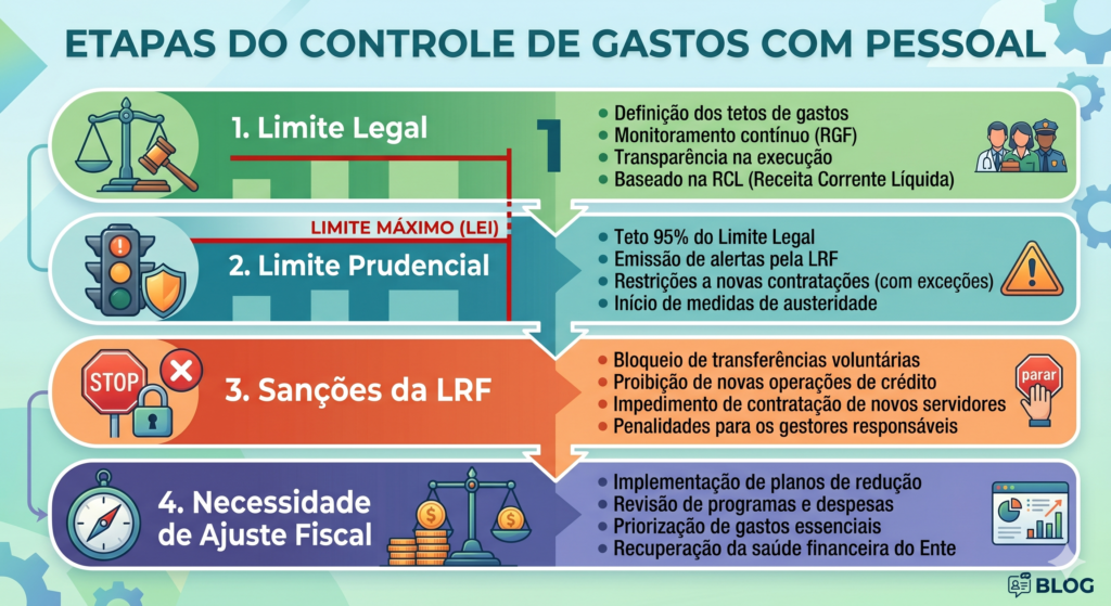 Infográfico em formato de fluxo vertical intitulado “Etapas do Controle de Gastos com Pessoal”. O fluxo é dividido em quatro etapas coloridas: 1. Limite Legal (verde), 2. Limite Prudencial (azul), 3. Sanções da LRF (laranja) e 4. Necessidade de Ajuste Fiscal (roxo).