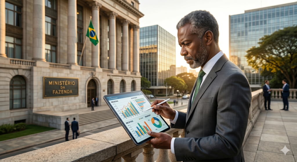 Fotografia realista de um gestor público negro, de terno cinza, analisando gráficos financeiros em um tablet. Ele está em uma sacada com prédios governamentais clássicos ao fundo, incluindo uma placa do "Ministério da Fazenda" e a bandeira do Brasil.