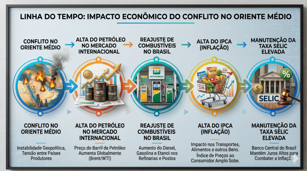 nfográfico em linha do tempo mostrando o impacto econômico em cinco etapas realistas: 1. Conflito no Oriente Médio (mapa com fogo); 2. Alta do petróleo (barris WTI/Brent e gráfico de alta); 3. Reajuste de combustíveis no Brasil (posto Petrobras); 4. Alta do IPCA (carrinho de supermercado cheio); 5. Manutenção da Selic elevada (prédio do Banco Central e malhete). Cada etapa possui setas conectivas e textos explicativos em português.
