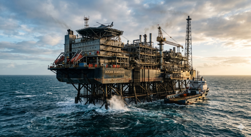 Fotografia hiper-realista de uma imensa plataforma de petróleo em alto-mar batizada de "Ocean Guardian". A estrutura metálica maciça apresenta marcas de desgaste e ferrugem nas vigas de sustentação, que sofrem o impacto de ondas de água azul-escura com espuma branca. Na parte superior da plataforma, há um heliponto com um helicóptero pousado, guindastes e torres com fumaça discreta. Ao lado direito, um navio de apoio rebocador está atracado. O cenário é iluminado pela luz suave do início da manhã sob um céu nublado.