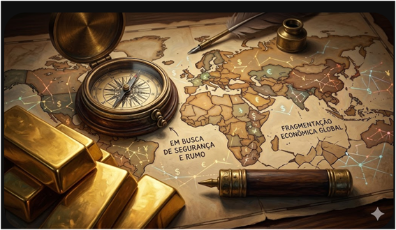 Foto ou ilustração artística em close-up de barras de ouro reluzentes ao lado de uma bússola antiga sobre um mapa-múndi financeiro, simbolizando a busca por segurança e rumo em meio à fragmentação econômica global