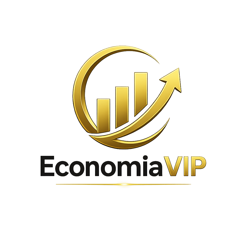 Logo da EconomiaVIP com gráfico de barras dourado em crescimento envolvido por uma seta circular dourada sobre fundo preto, acompanhado do texto “EconomiaVIP” em branco e dourado.