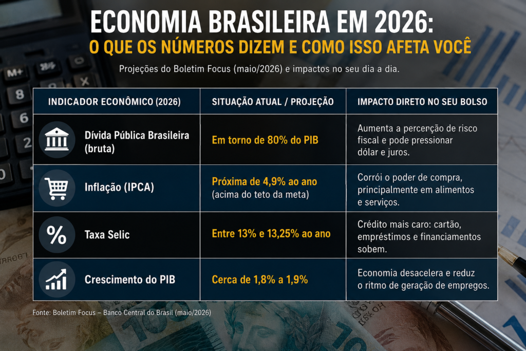 Economia brasileira em 2026: projeções do Boletim Focus indicam dívida pública próxima de 80% do PIB, inflação perto de 4,9% ao ano, Selic entre 13% e 13,25% e crescimento do PIB entre 1,8% e 1,9%. O cenário aponta crédito mais caro, perda do poder de compra e desaceleração econômica.