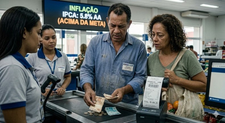 Casal de trabalhadores brasileiros com expressão preocupada olhando preço alto do arroz na prateleira de um supermercado, com painel digital ao fundo mostrando o alerta de inflação do IPCA acima da meta em 2026.