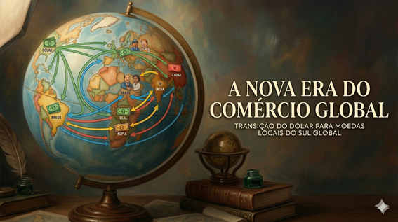 Um infográfico amigável mostrando um globo terrestre onde as rotas comerciais mudam de cor, saindo do verde do dólar para uma mistura de cores representando as moedas locais (Real, Yuan, Rúpia), com setas diretas entre os países do Sul Global.