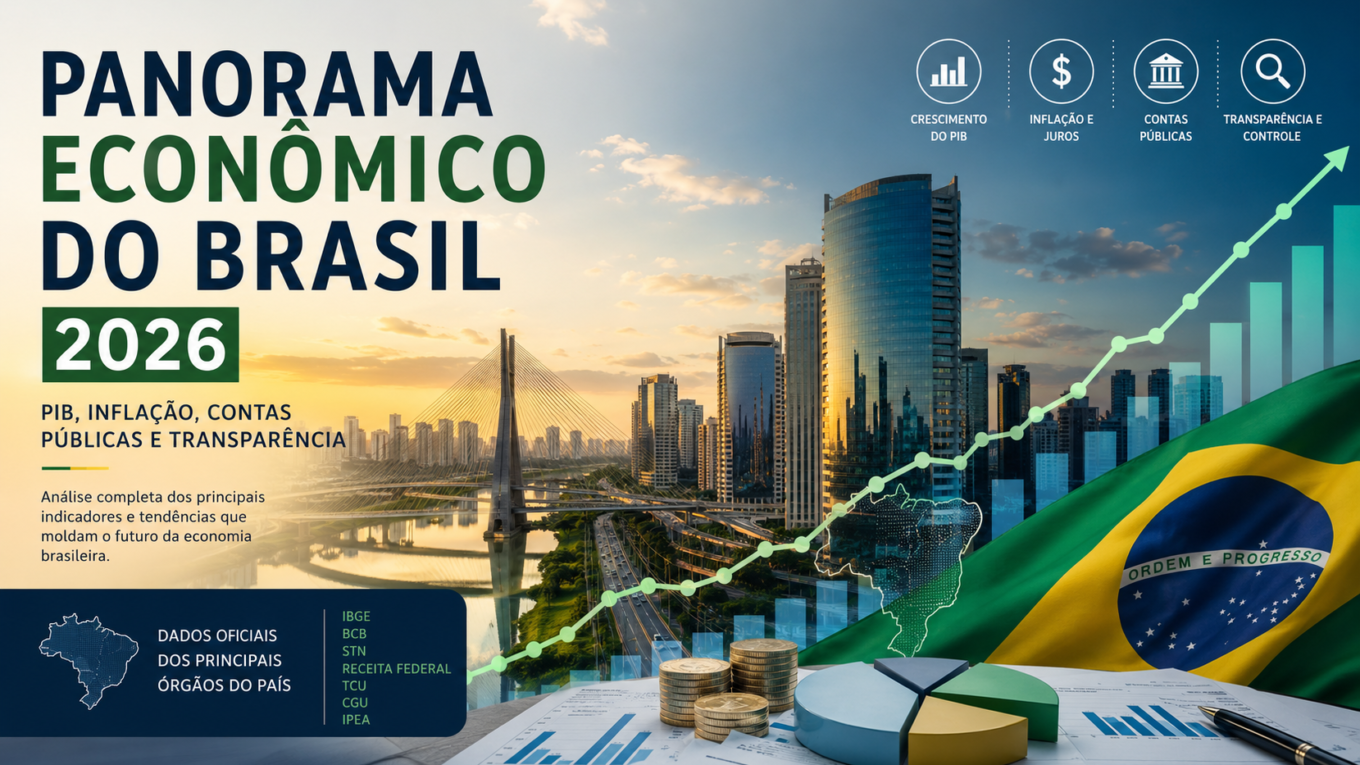 Panorama econômico do Brasil 2026 com gráficos de crescimento do PIB, indicadores financeiros, contas públicas e bandeira do Brasil ao fundo.