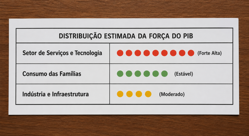 Gráfico de distribuição estimada da força do PIB brasileiro mostrando Serviços e Tecnologia em forte alta, Consumo das Famílias estável e Indústria e Infraestrutura com crescimento moderado, representados por indicadores coloridos em uma tabela econômica.
