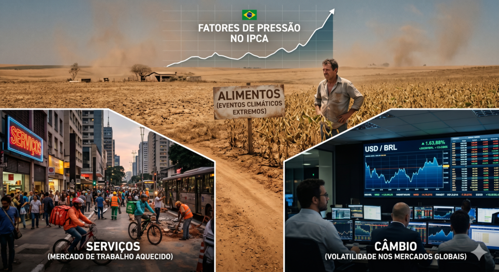 Uma colagem infográfica dividida em três partes que ilustram os fatores de pressão no IPCA, encimada por um gráfico de linha ascendente com o título "FATORES DE PRESSÃO NO IPCA".
•	Painel Superior: Um agricultor preocupado em uma lavoura de soja seca e castigada pelo clima. Uma placa de madeira traz o texto: "ALIMENTOS (EVENTOS CLIMÁTICOS EXTREMOS)".
•	Painel Inferior Esquerdo: Uma rua urbana movimentada com pedestres, entregadores e operários em obras. Abaixo, o texto: "SERVIÇOS (MERCADO DE TRABALHO AQUECIDO)".
•	Painel Inferior Direito: Analistas financeiros em uma sala escura observando telas com gráficos econômicos e a inscrição "USD / BRL". Abaixo, o texto: "CÂMBIO (VOLATILIDADE NOS MERCADOS GLOBAIS)".
