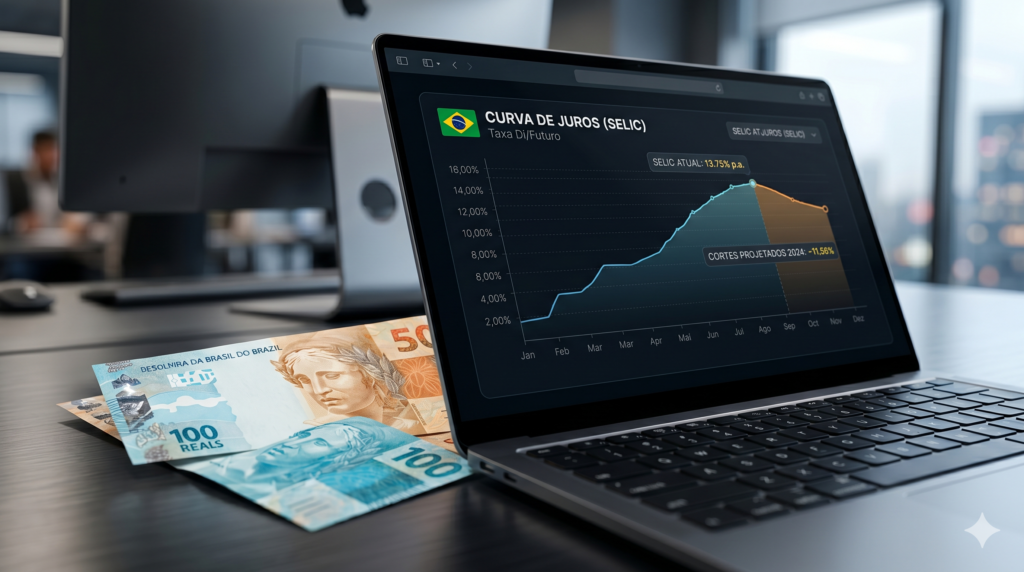 Painel financeiro exibindo gráficos de juros, inflação e mercado de capitais.