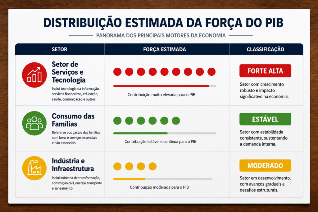 Infográfico sobre a distribuição estimada da força do PIB brasileiro, destacando os principais motores da economia. Serviços e Tecnologia lideram com forte alta e elevada contribuição para o crescimento econômico. O Consumo das Famílias mantém estabilidade e sustenta a demanda interna. Já a Indústria e Infraestrutura apresentam crescimento moderado, com avanços graduais e desafios estruturais. O gráfico utiliza indicadores coloridos, barras de intensidade e classificações para facilitar a interpretação dos dados econômicos.