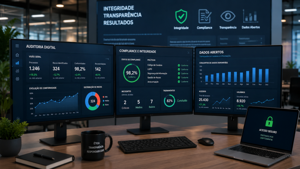 Telas de computadores corporativos exibindo análises de integridade e auditoria de dados públicos.